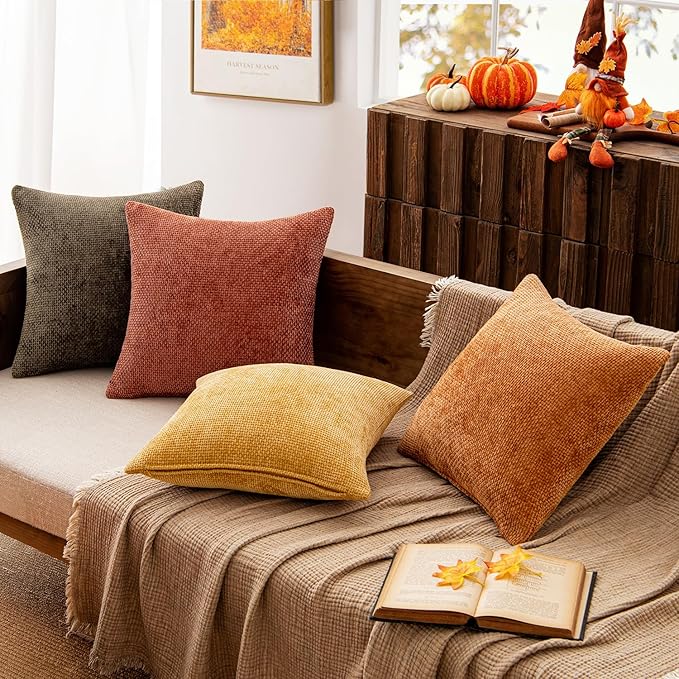 MIULEE Pack of 4 Orange/Yellow Couch Throw Pillow Covers 20x20 Inch Halloween Soft Decorative Chenille Pillows Farmhouse Accent Cushions for Boho Home Decor Spring Sofa Bedroom Living Room