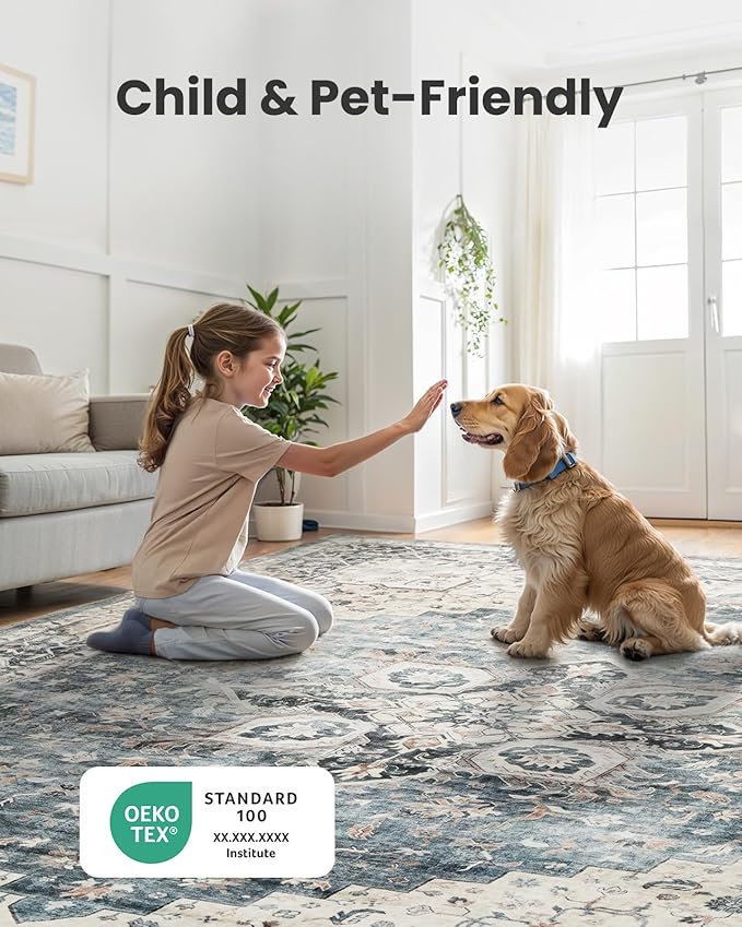 AMADA HOMEFURNISHING 10x14 Washable Area Rug, Low-Profile Large Area Rug with Non-Slip Backing & Durable Edge Binding, Vintage Large Rugs for Living Room, Bedroom & Dinning Room