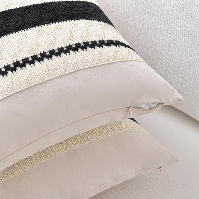 Fancy Homi Set of 1 Boho Black Euro Decorative Throw Pillow Cover 26x26 Inch for Couch Bed Bedroom, Aesthetic Modern Organic Farmhouse Room Decor, Soft Cotton Accent Macrame Woven Cushion Case