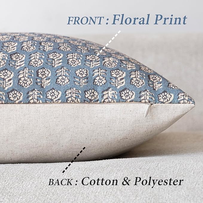 Foindtower Set of 2 Decorative Neutral Floral Print Throw Pillow Covers Vintage Accent Farmhouse Cushion Covers Boho Home Decor for Sofa Couch Chair Bedroom Living Room,22×22 Inch,Dusty Blue