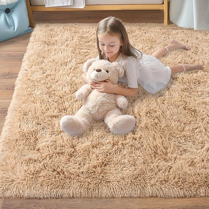 Pionblank 8x10 Rug for Living Room, Fuzzy Plush Large Area Rug, Fluffy Modern Shag Non Slip Soft Furry Carpet for Bedroom Kids Room Nursery Teens Dorm Home Decor, Camel
