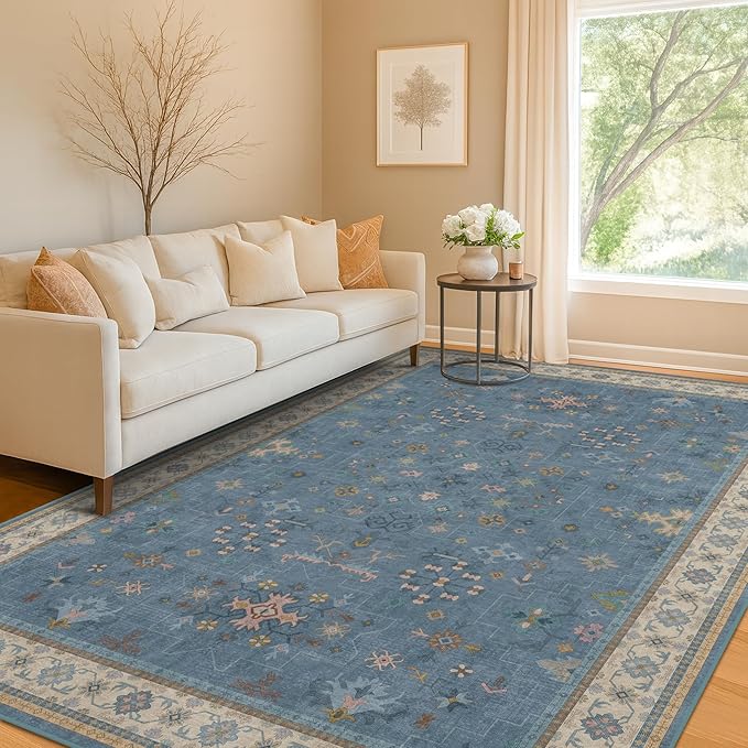 Washable 5x7 Blue Rugs for Kids Room, Boho 5 x 7 Nursery Rug Boys, Colorful Eclectic Low-Pile Carpet for Bedroom, Dining Table, Non-Slip with Rubber Back