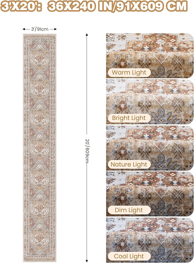 3x20 Long Runner Rug for Hallway, Non-Slip Long Kitchen Mats for Floor, Vintage Washable Rug for Entryway, Soft Hallway Runner for Dining Room, Bedroom, Living Room(Orange,3'x20')