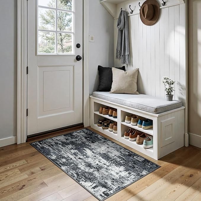 Washable Area Rugs 3x4 Non-Slip Modern Abstract Soft for Living Room Entryway Bedroom Nursery, Print Pattern, Black Navy Blue Gray