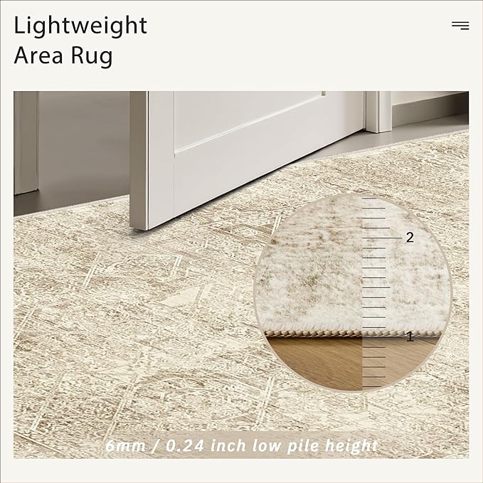 5x7 Area Rugs Brown Low Pile Indoor Washable Trendy Faded Style Floral Rugs for Bedroom Living Room Dining Room Foldable Non-Slip Thin Print Mat