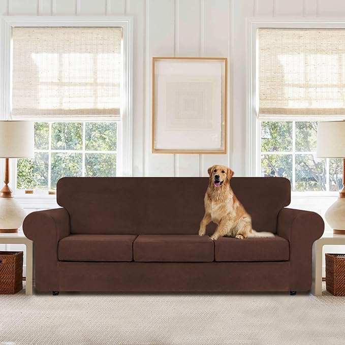 WEERRW 4 Pieces Velvet High Stretch Couch Covers for 3 Cushion Couch Sofa Slipcovers, Washable Furniture Protector with Non Slip Elastic Bottom, Feature Soft and Thick Plush Fabric, Chocolate, Large