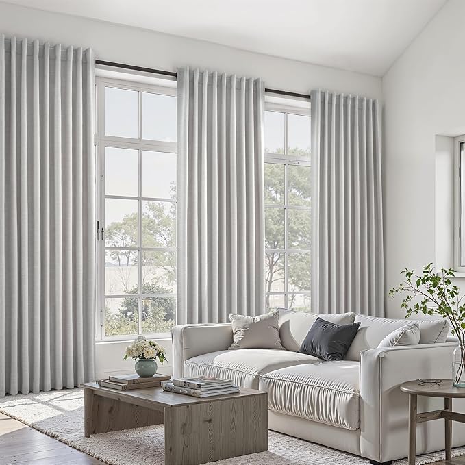 Linen Blackout Curtains 70 Inches Extra Wide 84 Inch Long for Living Room Grey Beige Room Darkening Back Tab Pleated Drapes for Bedroom Winter Thick Window Energy Efficient 70"W x 84"L 2 Panels