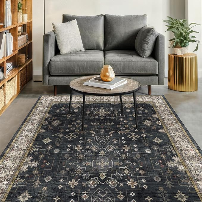 Hazo Haus Black Farmhouse Washable 7x10 Area Rugs for Living Room, Bedroom, Dining Room Table, Dark Charcoal Stain Resistant Non-Slip Large Washable