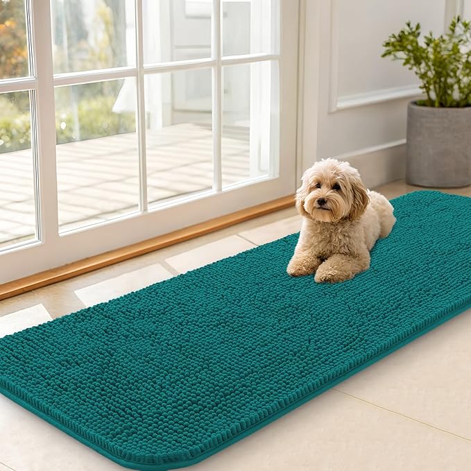 OLANLY Dog Door Mat for Muddy Paws 59x20, Absorbs Moisture and Dirt, Absorbent Non-Slip Washable Doormat, Quick Dry Chenille Mud Mat for Dogs, Entry Indoor Entryway Carpet for Inside Floor, Lake Blue