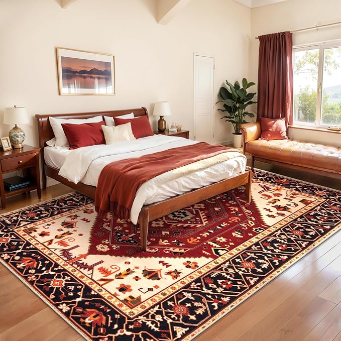 SERISSA Washable Rugs 8x10 Area Rugs, Large Non-Slip Boho Living Room Rug, Ultra Soft Oriental Vintage Red Black Print Distressed Carpet for Dining Room Bedroom Dorm Office Home Decor
