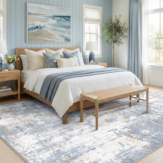 Washable Area Rugs 5'x7' Non-Slip Modern Abstract Soft for Living Room Entryway Bedroom Nursery, Print Pattern, Light Blue
