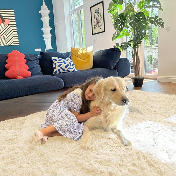 OLANLY 6x9 Machine Washable Large Area Rugs for Living Room, Bedroom, Soft Fluffy Shaggy Bedside Rug, Indoor Floor Carpet for Kids Girls and Boys, Dorms, Nursery, Home Decor Aesthetic, Cream