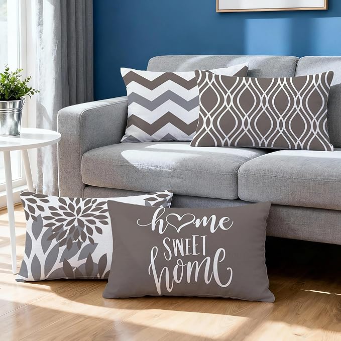 Hexagram Geometric Grey Pillow Covers 12x20 Set of 4, Decorative Outdoor Boho Modern Throw Pillow Covers, Home Sweet Home Farmhouse Cushion Case for Couch Sofa Bedroom Indoor Decor(No Insert)