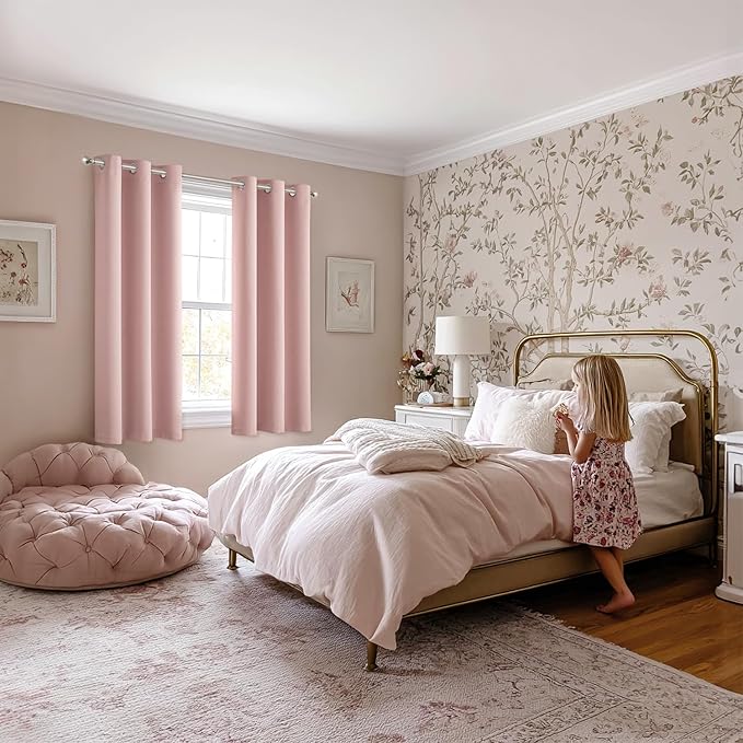 MIULEE Baby Pink Blackout Curtains for Girls Bedroom Living Room 63 Inches Long 2 Panels, Nursery Thermal Insulated Room Darkening Drapes Solid Grommet Top Noise Reducing Window Curtains 40x63 Inch