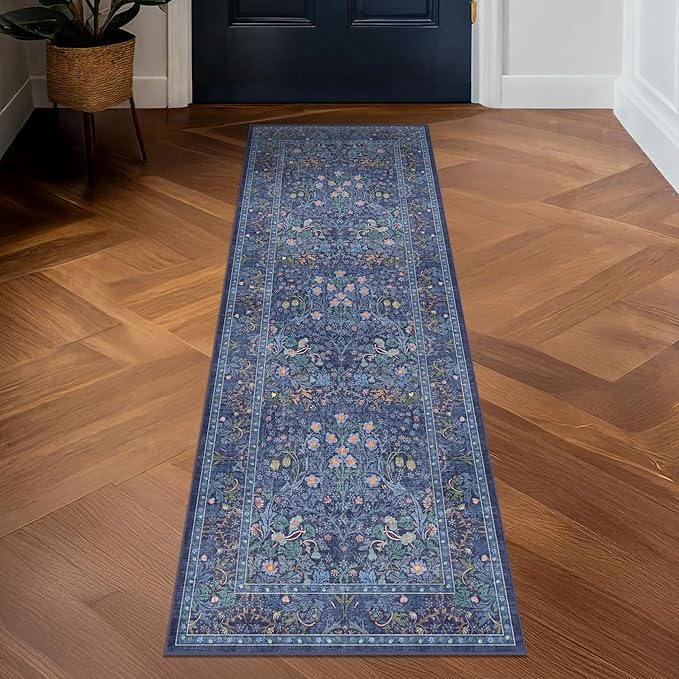 Hazo Haus Non Slip 2x6 Dark Blue Kitchen Runner Rug - Long Runner Rugs 24 x 72 Washable Hallway Floor Mat, Bedroom Laundry Room Bathroom Runner - Dusky Navy Vintage Floral Design Décor