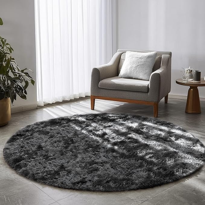 Amdrebio Tie-Dyed Dark Grey Round Rug 4Ft for Bedroom Dorm, Soft Furry Shaggy Circle Area Rugs for Living Room Office, Shag Fluffy Fuzzy Carpet for Kids Teen Boys Mens, Modern Cool Floor Circular Rug