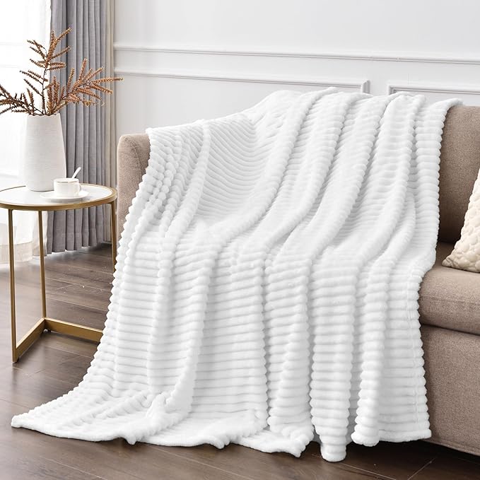 BEDELITE Fleece Blanket Queen Size – 3D Ribbed Jacquard Soft and Warm Decorative Fuzzy Blankets – Cozy, Fluffy, Plush Lightweight Throw Blankets for Couch, Bed, Sofa(White, 90x90 inches)