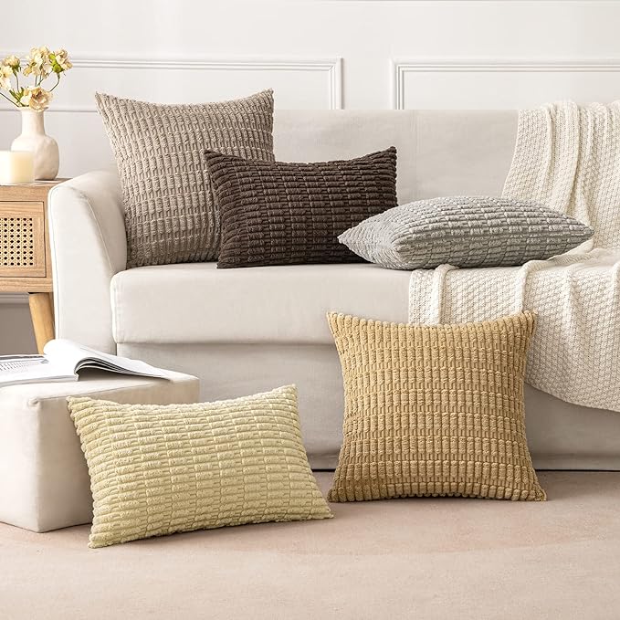 MIULEE Pack of 2 Corduroy Decorative Throw Pillow Covers 12x12 Inch Soft Boho Striped Pillow Covers Modern Farmhouse Home Decor for Sofa Living Room Couch Bed Light Brown