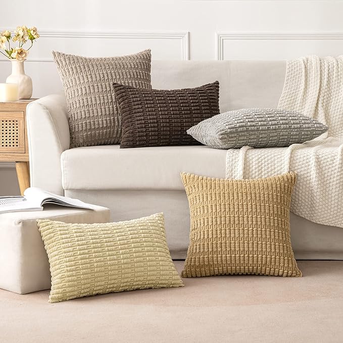 MIULEE Pack of 2 Corduroy Decorative Throw Pillow Covers 18x18 Inch Soft Boho Striped Pillow Covers Modern Farmhouse Home Decor for Sofa Living Room Couch Bed Dark Brown