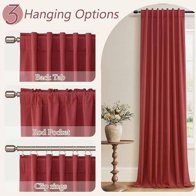 Guken Red 100% Blackout Linen Curtains 108 Inch Length 2 Panels Set for Living Room Bedroom Back Tab Thermal Insulated Black Out Drapes Room Darkening Farmhouse Window Curtains,52x108