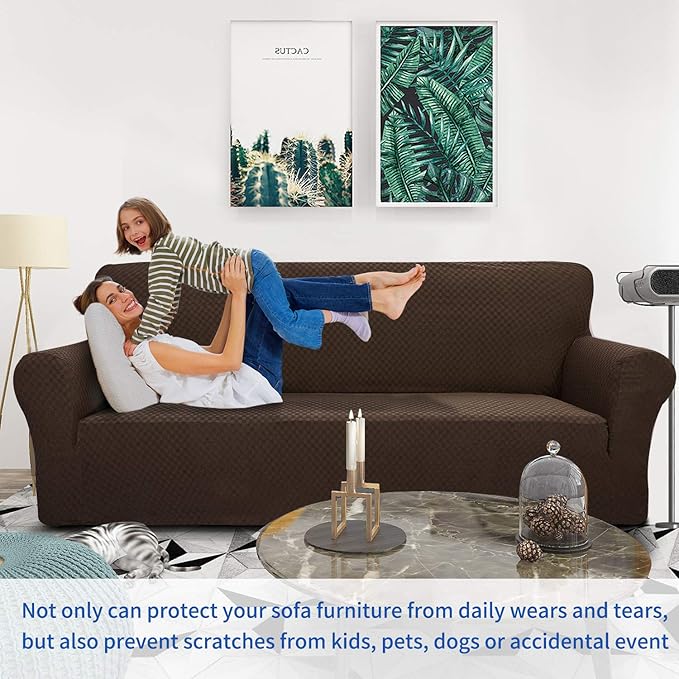 ZNSAYOTX 1 Piece Jacquard Couch Covers for 2 Cushion Couch High Stretch Loveseat Slipcover for Pets Dogs Anti Slip Love Seat Sofa Slipcover Furniture Protector (Loveseat, Dark Coffee)