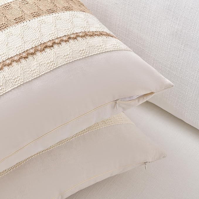 Fancy Homi Set of 1 Boho Neutral Decorative Throw Pillow Cover 20x20 Inch for Couch Bed Sofa, Aesthetic Modern Organic Farmhouse Home Decor, Soft Cotton Cute Accent Macrame Woven Tan Cushion Case