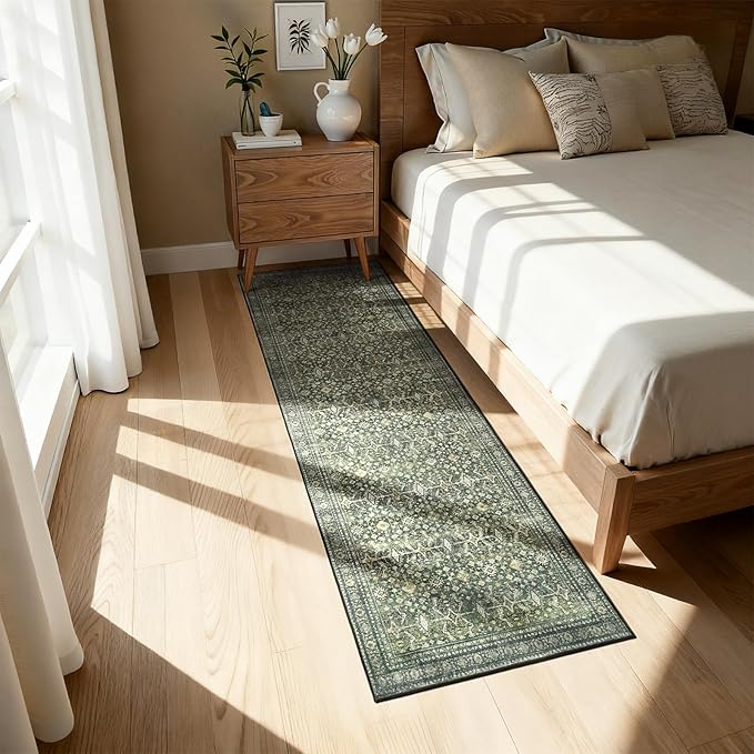 Lofus 2X 8 Area Rug for Hallways,Green Washable Runner Rugs with Non Slip Rubber Backing, Low Pile Soft Carpet Runner for Kitchen Bathroom Bedroom Laundry