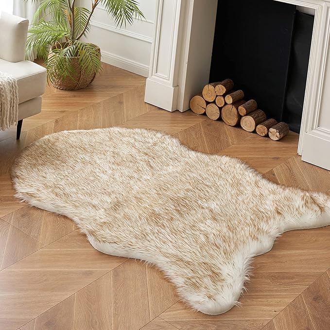 MIULEE 3x5 Feet Faux Fur Sheepskin Rug, Luxury Fluffy Area Rugs - Super Soft Decorative Shag Carpet for Bedroom, Living Room, and Nursery, White and Brown