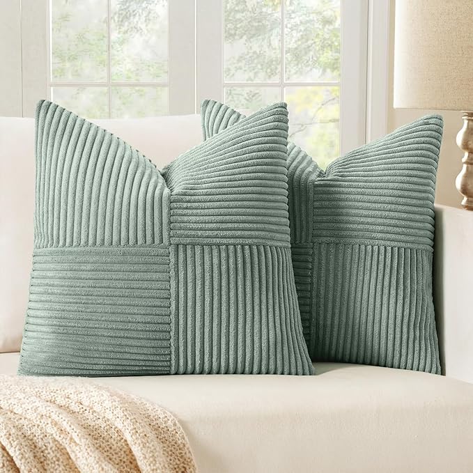 MIULEE Greyish Green Decorative Euro Sham Pillow Covers 24x24 Inch for Bed Couch Sofa Spring Decor Pack of 2 Boho Farmhouse Throw Pillows Soft Cross Corduroy Patchwork Textured Cushion Cases