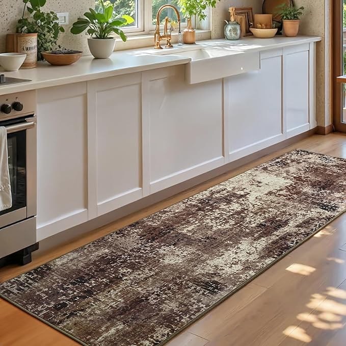 Runner Rug for Kitchen Coffee Hallways Runner Rug Non Slip 2'6''x8' Washable Brown Long Runner Rugs with Rubber Backing Soft Abstract Carpet Runner for Entryway, Kitchen, Bedroom, Bathroom