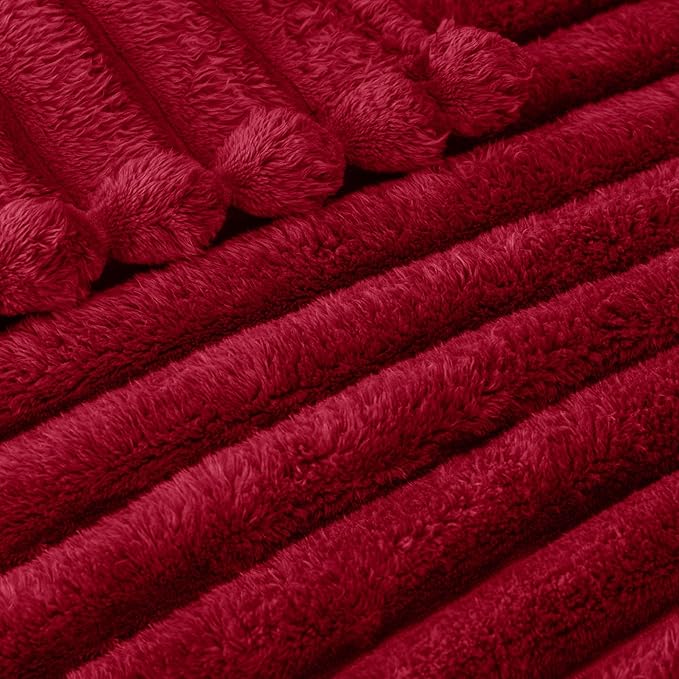 Exclusivo Mezcla Twin Size Flannel Fleece Blanket, Super Soft Striped Jacquard Bed Blanket, Lightweight Fuzzy Cozy for All Seasons, 60x80 Inches, Deep Red