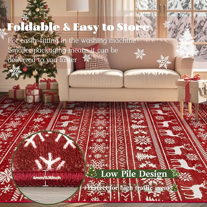 Christmas Rug 8x10 Washable Rugs, Boho Christmas Tree Snowflake Rug Non-Slip Soft Low Pile Non Shedding Indoor Holiday Carpet for Living Room Bedroom Dining Room Home Office (XmasRed, 8'x10')