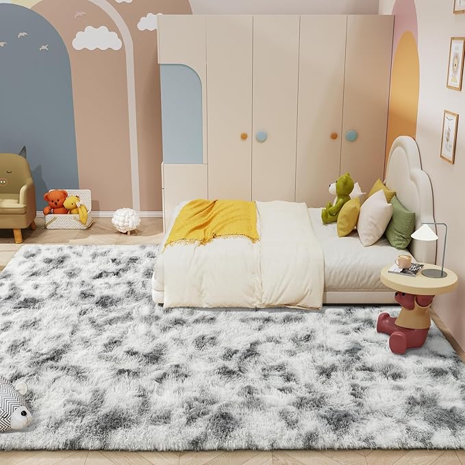 LOCHAS Ultra Soft Indoor Modern Area Rugs 8 x10, Fluffy Living Room Carpets for Children Bedroom Home Decor Nursery Rug, Tie-Dyed Grey & White