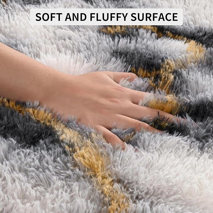 Tepook Soft Fluffy Rugs for Living Room, 5x8 Shaggy Area Rug for Bedroom, Modern Shag Rug Fuzzy Carpets for Kids, Plush Indoor Nursery Home Decor Rug with Non-Slip Bottom, White Black Gold