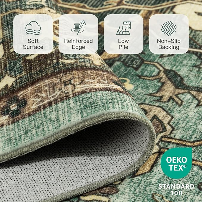Lofus 9x12 Area Rugs for Living Room, Washable Area Rug, Rugs for Bedroom, Kitchen, Vintage Boho Carpet, Soft Non-Slip, Low Pile Large Area Rug for Office Dining Room, Green