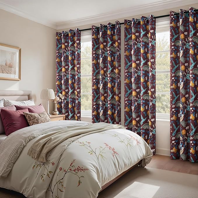 Topfinel Rust Boho Floral Curtains 90 Inches Long 2 Panels Unique Luxury Elegant Colorful Euro Flower Hummingbird Patterned Rustic Vintage Grommet Drapes for Classroom Room Office Closet
