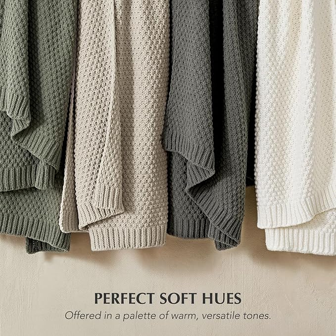 EVERGRACEHOME Chunky Chenille Knit Throw Blanket for Couch, Soft Luxurious Moss Stitch Blankets for Bed, Cozy Decorative Farmhouse Knitted Throws for Sofa, Bright White, 50" x 60"
