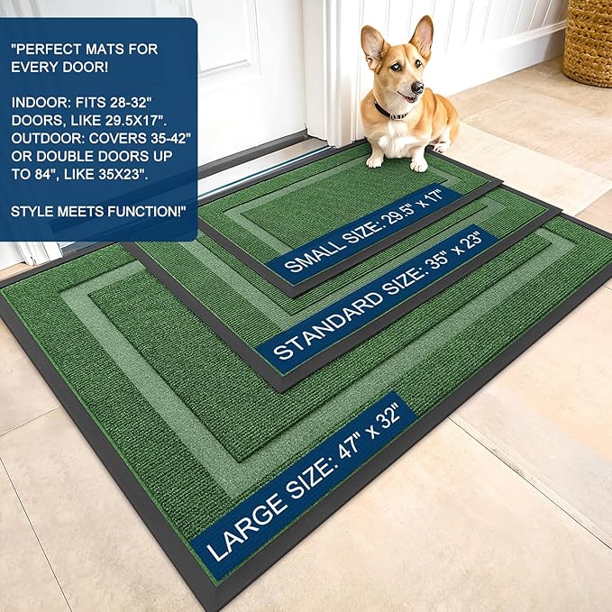 OLANLY Front Door Mat Indoor Outdoor Entrance, Waterproof All-Season, All-Weather Doormat, Sturdy Natural Rubber, Fade Resistant, Low Profile, Easy Clean Patio Porch Entryway Mat, 59x35, Green