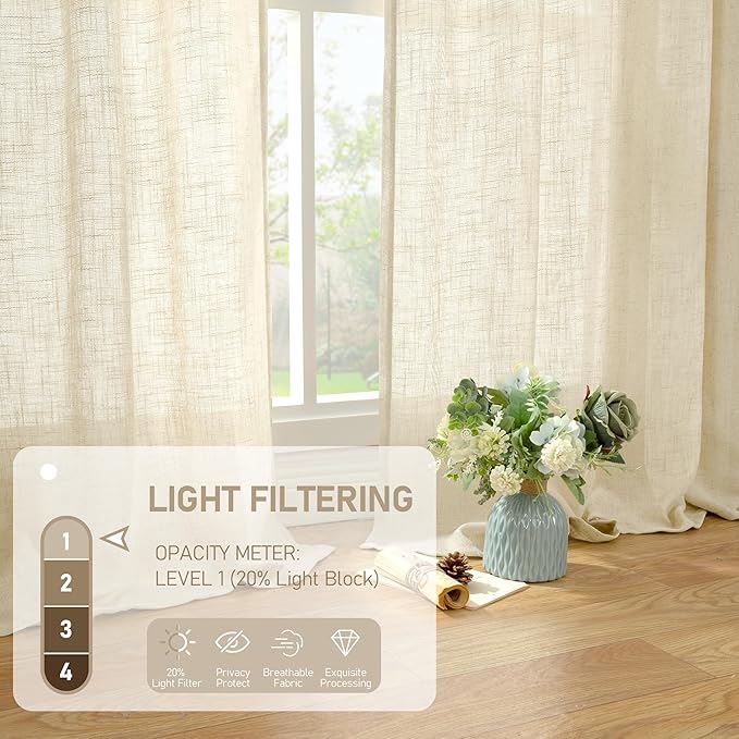 LAMIT Linen Curtains 60 Inch Length 2 Panels, Light Filtering Panels Back Tab and Rod Pocket Neutral Drapes for Bedroom/Window/Living Room, Beige, 34 x 60 Inch