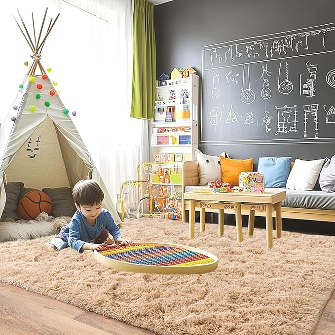 Pionblank Large Area Rug for Living Room 10x14, Fuzzy Modern Shag Rug, Fluffy Plush Non Slip Soft Furry Carpet for Bedroom Kids Room Nursery Teens Dorm Home Decor, Camel