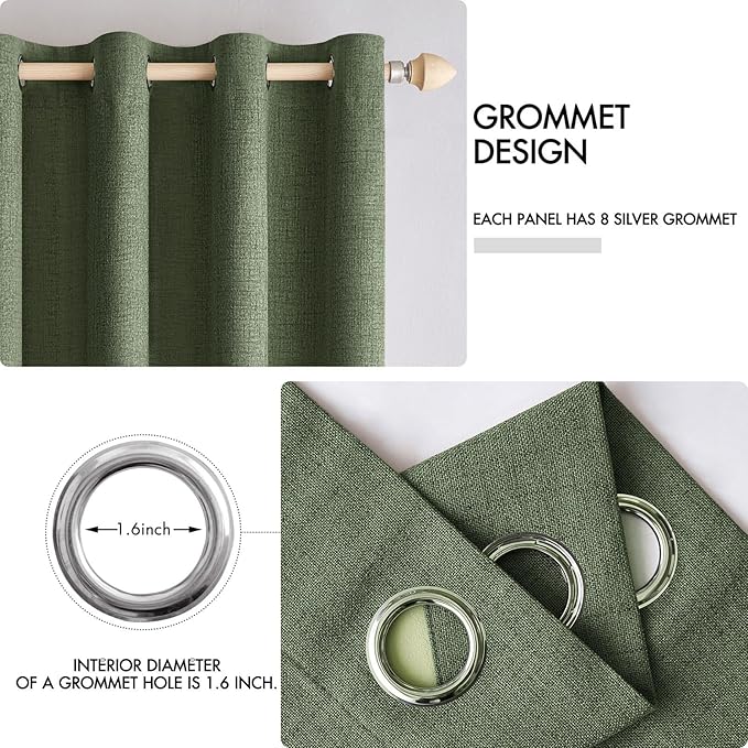 MIULEE 100% Blackout Linen Textured Curtains for Bedroom Solid Thermal Insulated Olive Green Grommet Room Darkening Curtains & Drapes Luxury Decor for Living Room Nursery 52 x 45 Inch (2 Panels)