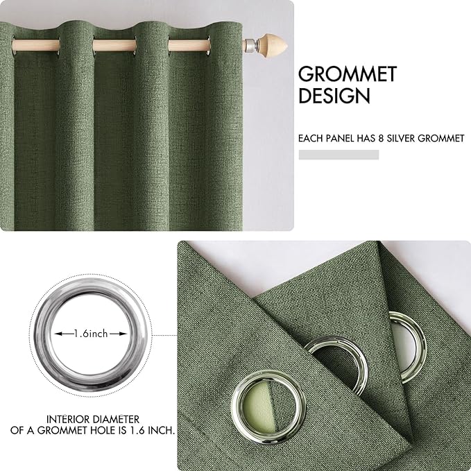 MIULEE 100% Blackout Linen Textured Curtains for Bedroom Solid Thermal Insulated Olive Green Grommet Room Darkening Curtains & Drapes Luxury Decor for Living Room Nursery 52 x 108 Inch (2 Panels)