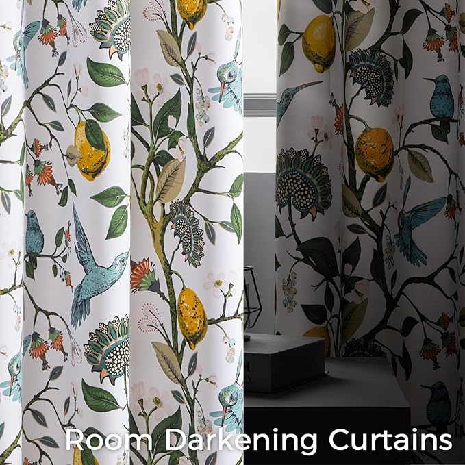Topfinel 54 Inches Long Short White Blackout Curtains for Cafe Kitchen, Grommet Room Darkening Luxury Floral Lemon Hummingbird Patterned Waverly Colorful Drapes for Living Room Bedroom