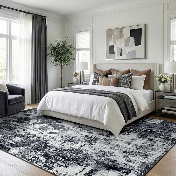Washable Area Rugs 8'x10' Non-Slip Modern Abstract Soft for Living Room Entryway Bedroom Nursery, Print Pattern, Black Navy Blue Gray