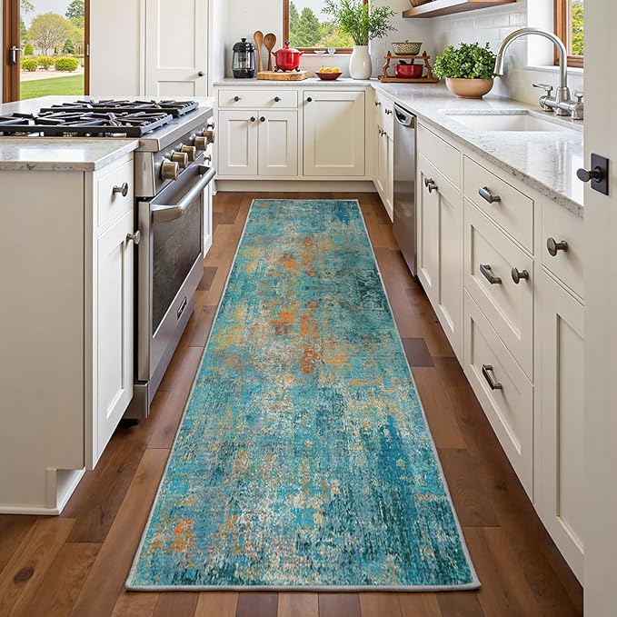 Washable Area Rugs 2'x6' Non-Slip Modern Abstract Soft for Living Room Entryway Bedroom Nursery, Print Pattern, Teal Blue Green Orange Rust Red Coloreful