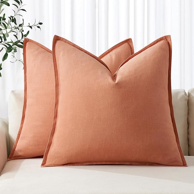 MIULEE Decorative Linen Euro Sham Pillow Covers 24x24 Coral Boho Farmhouse Neutral Spring Couch Throw Pillows for Bed Pack of 2 Accent Modern Pillowcase Summer Sofa Livingroom Home Decor