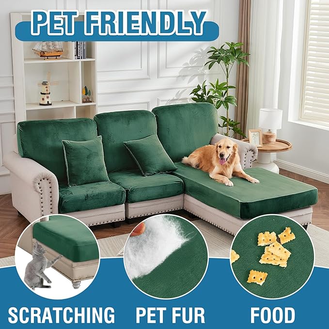 Couch Cover 8-Piece Elastic Velvet Couch Cushion Covers & Chaise Slipcovers for L-Shaped Sofas, Sofa Seat Covers Washable, Soft Cover for Couches (7 Seater + Chaise, Christmas Green)