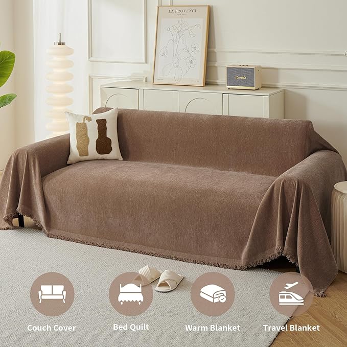 Couch Cover for Dogs, Boho Sofa Covers for 3 Cushion Couch, Chenille Sofa Slipcover for Pets Washable, L-Shape Sectional Couch Cover Soft Throw Blankets with Tassels(91x118,Coffee)