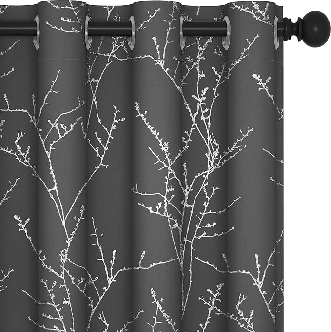 Deconovo Grey Blackout Curtains for Living Room, Thermal Insulated Soundproof Drapes, Branch Foil Print, 52 x 108 Inch Long, 2 Panels, Machine‑Washable Privacy Window Panel for Bedroom Sliding Door