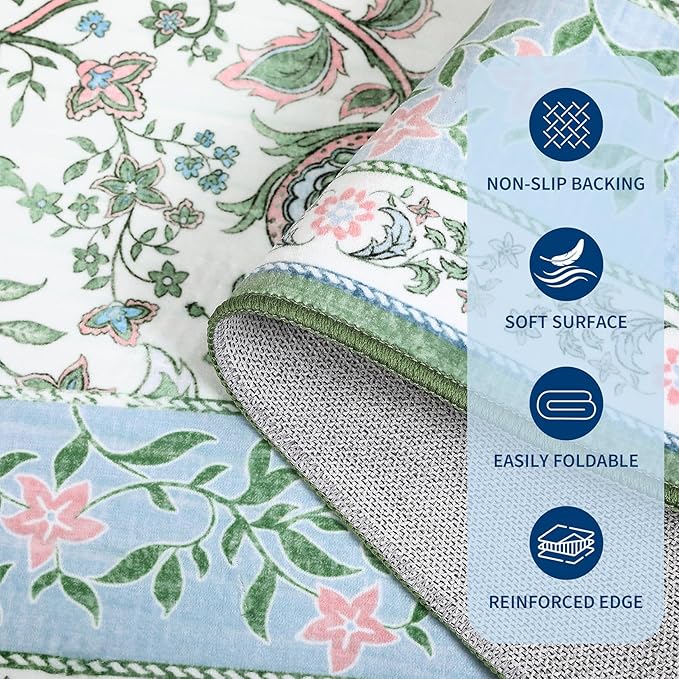 GarveeHome Blue Green Pink 2x6 Washable Kitchen Runner Rugs Non Slip Provence Botanical Grove Vintage Boho Cottage Long Rug for Hallways Bedroom TPE Rubber Backing